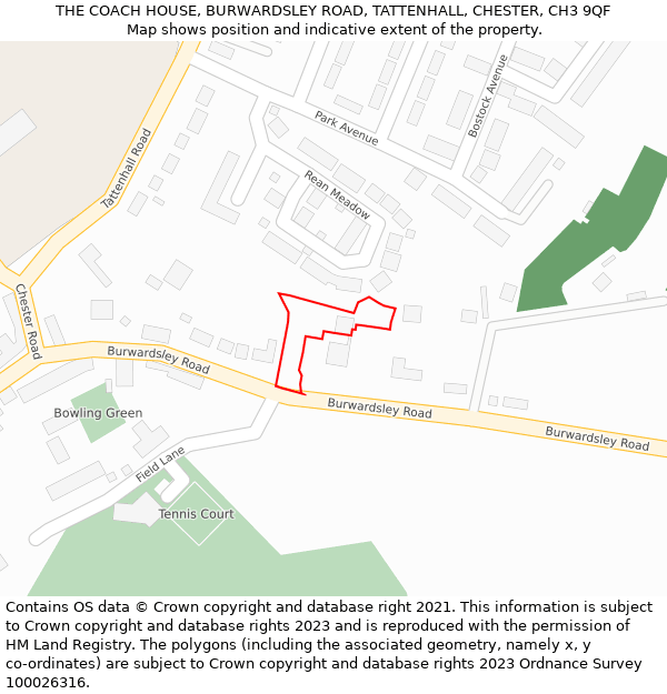 THE COACH HOUSE, BURWARDSLEY ROAD, TATTENHALL, CHESTER, CH3 9QF: Location map and indicative extent of plot