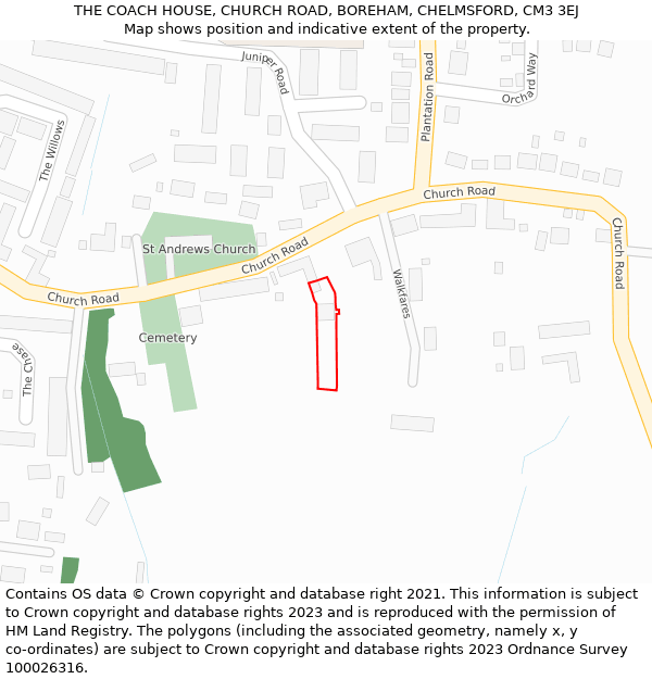 THE COACH HOUSE, CHURCH ROAD, BOREHAM, CHELMSFORD, CM3 3EJ: Location map and indicative extent of plot