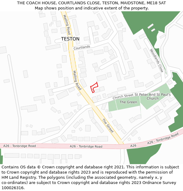 THE COACH HOUSE, COURTLANDS CLOSE, TESTON, MAIDSTONE, ME18 5AT: Location map and indicative extent of plot