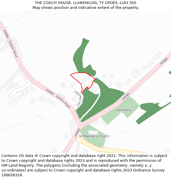 THE COACH HOUSE, LLANFAELOG, TY CROES, LL63 5SS: Location map and indicative extent of plot