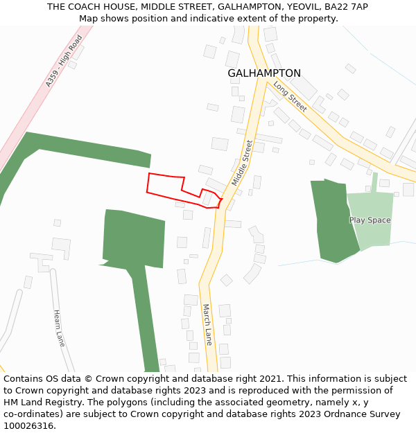 THE COACH HOUSE, MIDDLE STREET, GALHAMPTON, YEOVIL, BA22 7AP: Location map and indicative extent of plot