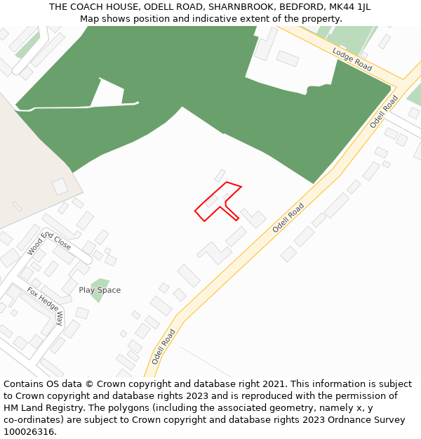 THE COACH HOUSE, ODELL ROAD, SHARNBROOK, BEDFORD, MK44 1JL: Location map and indicative extent of plot