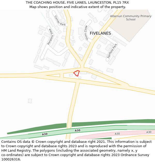 THE COACHING HOUSE, FIVE LANES, LAUNCESTON, PL15 7RX: Location map and indicative extent of plot