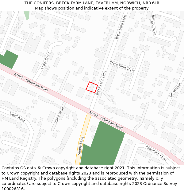 THE CONIFERS, BRECK FARM LANE, TAVERHAM, NORWICH, NR8 6LR: Location map and indicative extent of plot