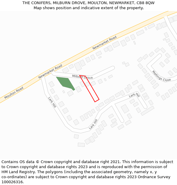 THE CONIFERS, MILBURN DROVE, MOULTON, NEWMARKET, CB8 8QW: Location map and indicative extent of plot