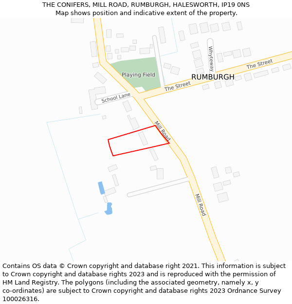 THE CONIFERS, MILL ROAD, RUMBURGH, HALESWORTH, IP19 0NS: Location map and indicative extent of plot