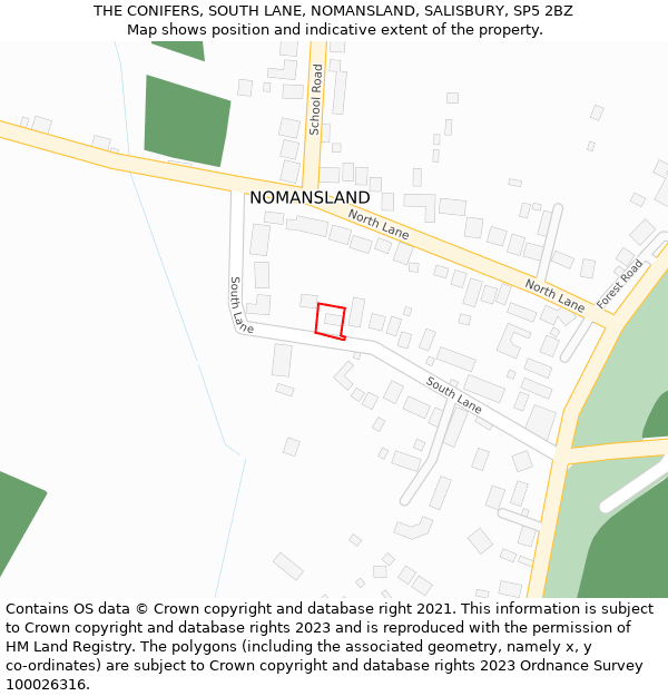 THE CONIFERS, SOUTH LANE, NOMANSLAND, SALISBURY, SP5 2BZ: Location map and indicative extent of plot