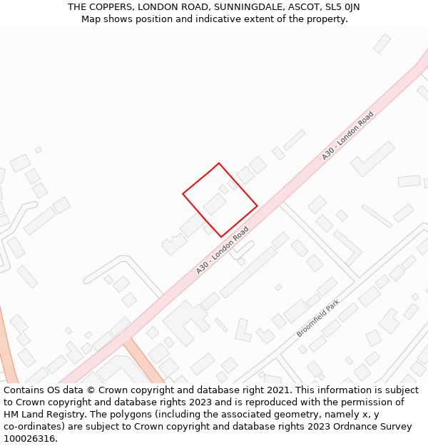 THE COPPERS, LONDON ROAD, SUNNINGDALE, ASCOT, SL5 0JN: Location map and indicative extent of plot