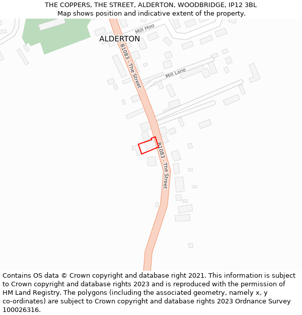 THE COPPERS, THE STREET, ALDERTON, WOODBRIDGE, IP12 3BL: Location map and indicative extent of plot