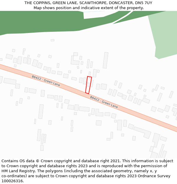 THE COPPINS, GREEN LANE, SCAWTHORPE, DONCASTER, DN5 7UY: Location map and indicative extent of plot