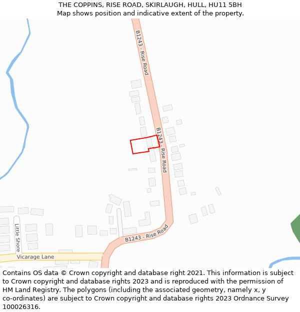 THE COPPINS, RISE ROAD, SKIRLAUGH, HULL, HU11 5BH: Location map and indicative extent of plot