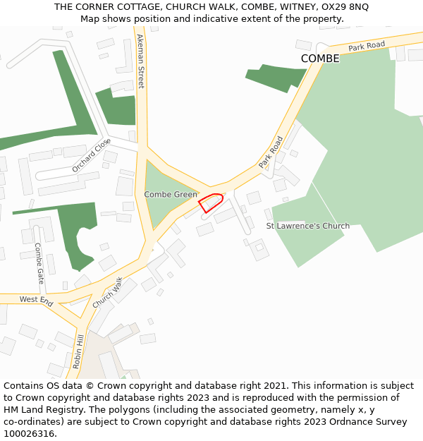 THE CORNER COTTAGE, CHURCH WALK, COMBE, WITNEY, OX29 8NQ: Location map and indicative extent of plot