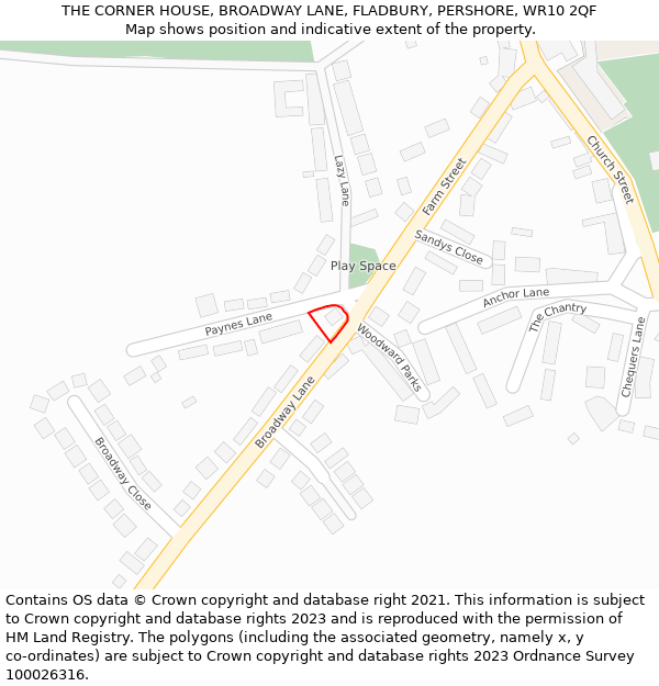 THE CORNER HOUSE, BROADWAY LANE, FLADBURY, PERSHORE, WR10 2QF: Location map and indicative extent of plot