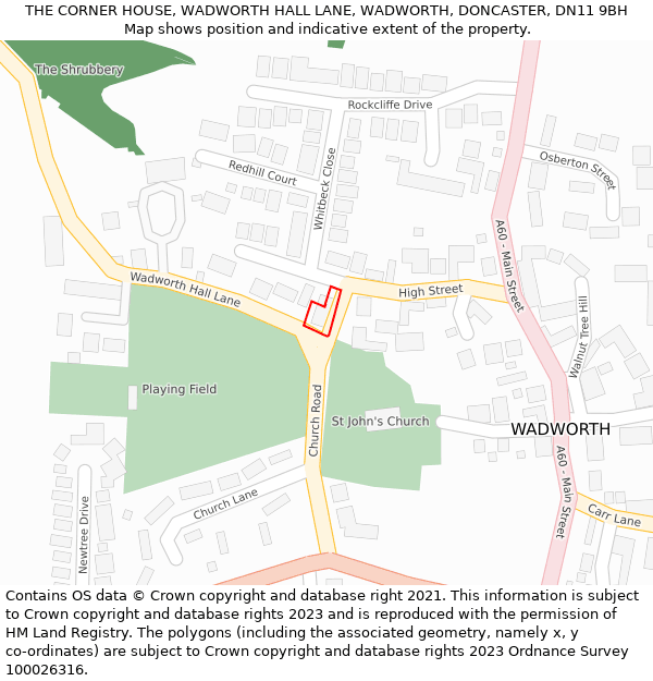 THE CORNER HOUSE, WADWORTH HALL LANE, WADWORTH, DONCASTER, DN11 9BH: Location map and indicative extent of plot