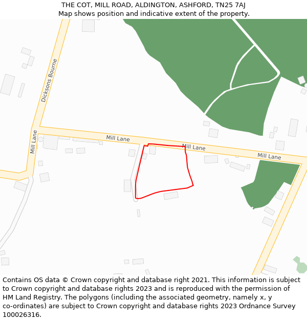 THE COT, MILL ROAD, ALDINGTON, ASHFORD, TN25 7AJ: Location map and indicative extent of plot