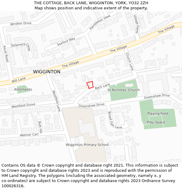 THE COTTAGE, BACK LANE, WIGGINTON, YORK, YO32 2ZH: Location map and indicative extent of plot