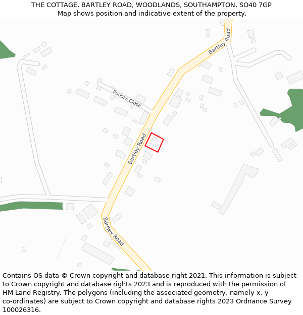 THE COTTAGE, BARTLEY ROAD, WOODLANDS, SOUTHAMPTON, SO40 7GP: Location map and indicative extent of plot