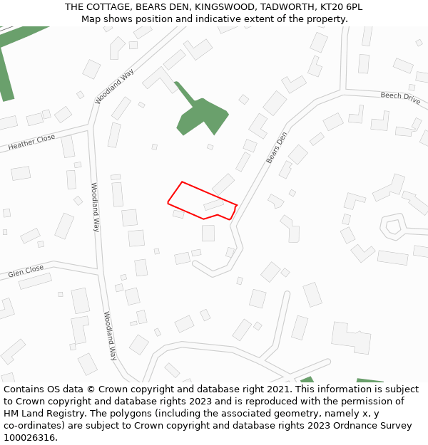 THE COTTAGE, BEARS DEN, KINGSWOOD, TADWORTH, KT20 6PL: Location map and indicative extent of plot
