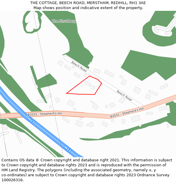 THE COTTAGE, BEECH ROAD, MERSTHAM, REDHILL, RH1 3AE: Location map and indicative extent of plot