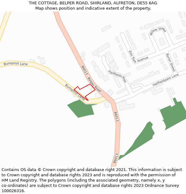 THE COTTAGE, BELPER ROAD, SHIRLAND, ALFRETON, DE55 6AG: Location map and indicative extent of plot