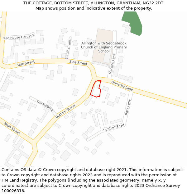 THE COTTAGE, BOTTOM STREET, ALLINGTON, GRANTHAM, NG32 2DT: Location map and indicative extent of plot