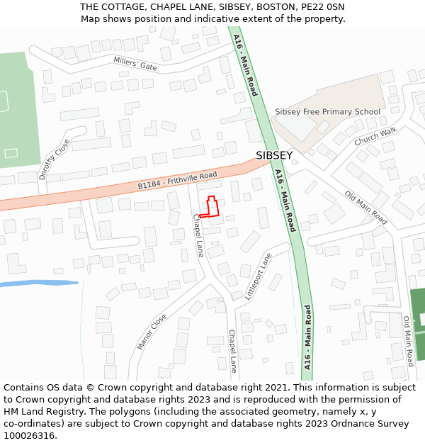 THE COTTAGE, CHAPEL LANE, SIBSEY, BOSTON, PE22 0SN: Location map and indicative extent of plot