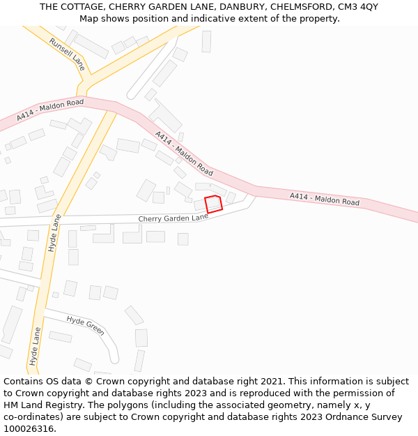 THE COTTAGE, CHERRY GARDEN LANE, DANBURY, CHELMSFORD, CM3 4QY: Location map and indicative extent of plot