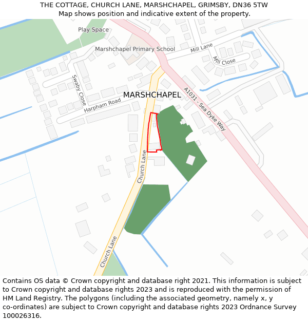 THE COTTAGE, CHURCH LANE, MARSHCHAPEL, GRIMSBY, DN36 5TW: Location map and indicative extent of plot