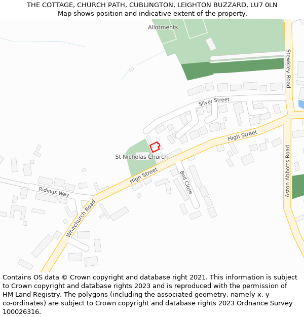 THE COTTAGE, CHURCH PATH, CUBLINGTON, LEIGHTON BUZZARD, LU7 0LN: Location map and indicative extent of plot