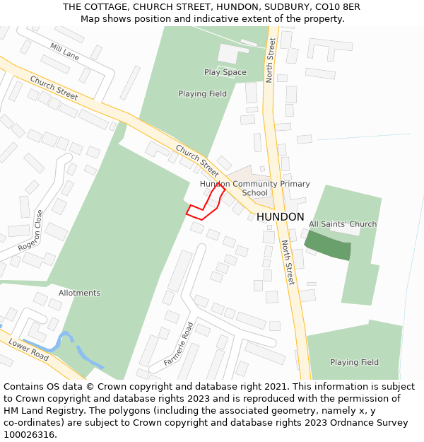 THE COTTAGE, CHURCH STREET, HUNDON, SUDBURY, CO10 8ER: Location map and indicative extent of plot