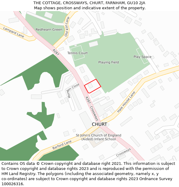 THE COTTAGE, CROSSWAYS, CHURT, FARNHAM, GU10 2JA: Location map and indicative extent of plot