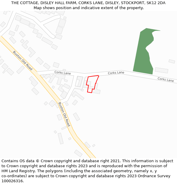 THE COTTAGE, DISLEY HALL FARM, CORKS LANE, DISLEY, STOCKPORT, SK12 2DA: Location map and indicative extent of plot