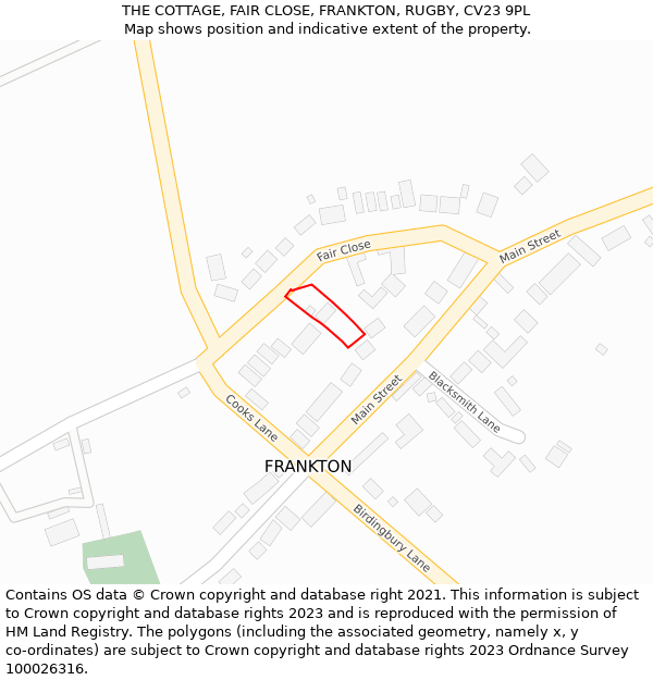 THE COTTAGE, FAIR CLOSE, FRANKTON, RUGBY, CV23 9PL: Location map and indicative extent of plot