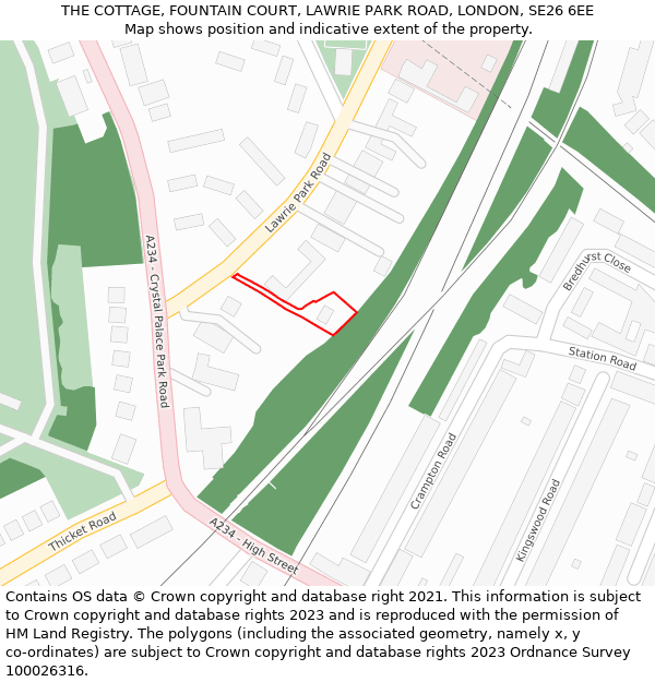 THE COTTAGE, FOUNTAIN COURT, LAWRIE PARK ROAD, LONDON, SE26 6EE: Location map and indicative extent of plot