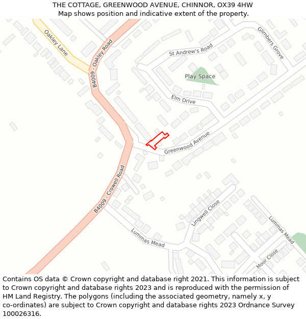 THE COTTAGE, GREENWOOD AVENUE, CHINNOR, OX39 4HW: Location map and indicative extent of plot