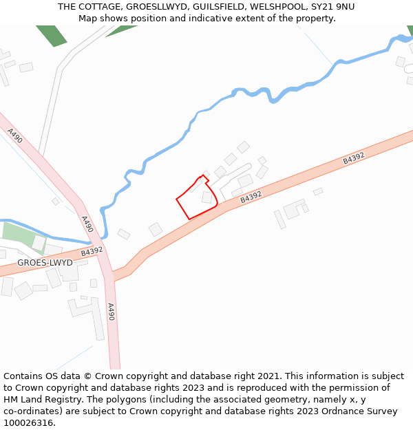 THE COTTAGE, GROESLLWYD, GUILSFIELD, WELSHPOOL, SY21 9NU: Location map and indicative extent of plot