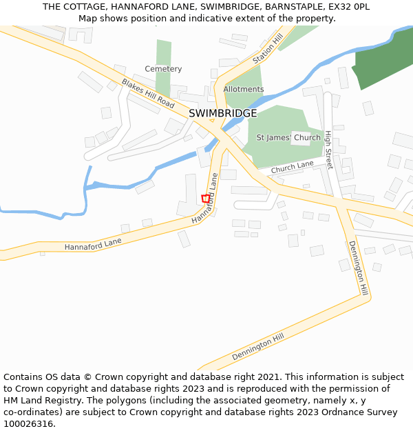 THE COTTAGE, HANNAFORD LANE, SWIMBRIDGE, BARNSTAPLE, EX32 0PL: Location map and indicative extent of plot