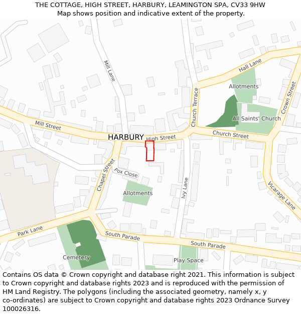 THE COTTAGE, HIGH STREET, HARBURY, LEAMINGTON SPA, CV33 9HW: Location map and indicative extent of plot