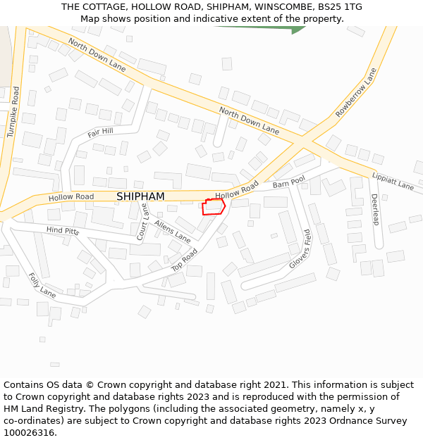 THE COTTAGE, HOLLOW ROAD, SHIPHAM, WINSCOMBE, BS25 1TG: Location map and indicative extent of plot