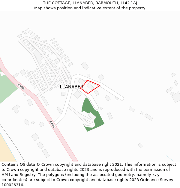 THE COTTAGE, LLANABER, BARMOUTH, LL42 1AJ: Location map and indicative extent of plot