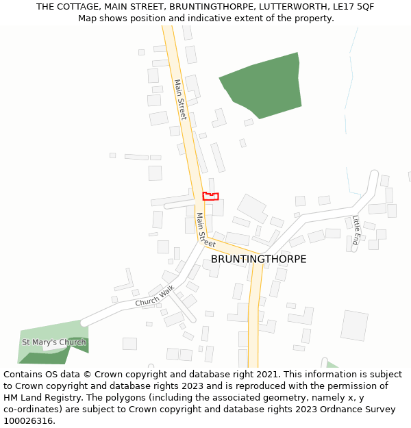 THE COTTAGE, MAIN STREET, BRUNTINGTHORPE, LUTTERWORTH, LE17 5QF: Location map and indicative extent of plot