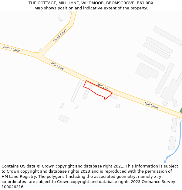 THE COTTAGE, MILL LANE, WILDMOOR, BROMSGROVE, B61 0BX: Location map and indicative extent of plot