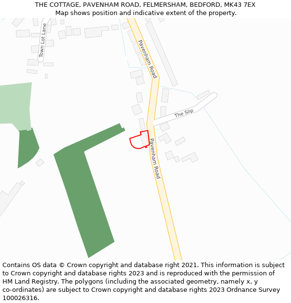 THE COTTAGE, PAVENHAM ROAD, FELMERSHAM, BEDFORD, MK43 7EX: Location map and indicative extent of plot