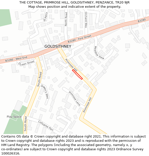 THE COTTAGE, PRIMROSE HILL, GOLDSITHNEY, PENZANCE, TR20 9JR: Location map and indicative extent of plot