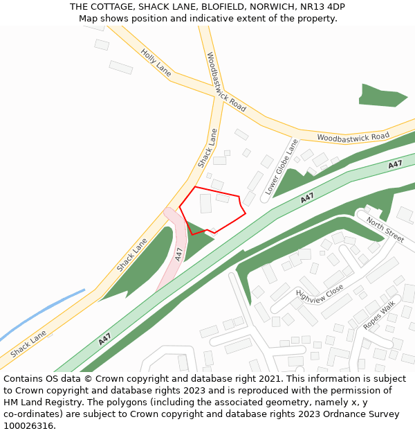 THE COTTAGE, SHACK LANE, BLOFIELD, NORWICH, NR13 4DP: Location map and indicative extent of plot