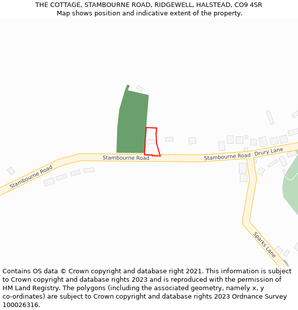 THE COTTAGE, STAMBOURNE ROAD, RIDGEWELL, HALSTEAD, CO9 4SR: Location map and indicative extent of plot