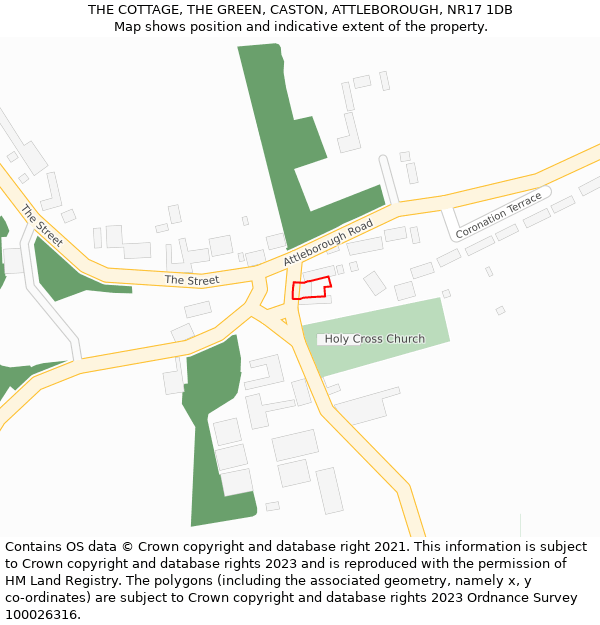 THE COTTAGE, THE GREEN, CASTON, ATTLEBOROUGH, NR17 1DB: Location map and indicative extent of plot