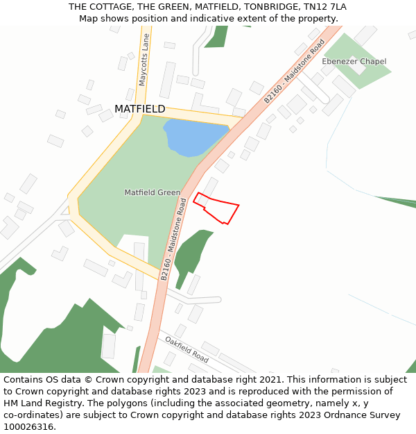 THE COTTAGE, THE GREEN, MATFIELD, TONBRIDGE, TN12 7LA: Location map and indicative extent of plot
