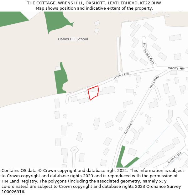 THE COTTAGE, WRENS HILL, OXSHOTT, LEATHERHEAD, KT22 0HW: Location map and indicative extent of plot