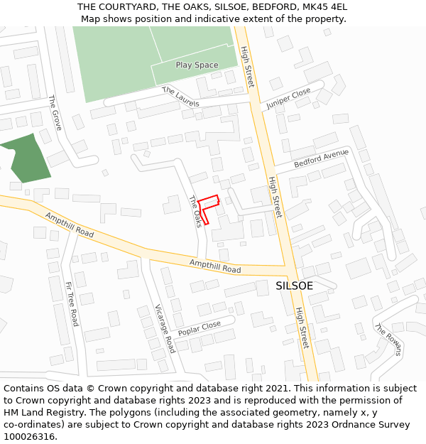 THE COURTYARD, THE OAKS, SILSOE, BEDFORD, MK45 4EL: Location map and indicative extent of plot